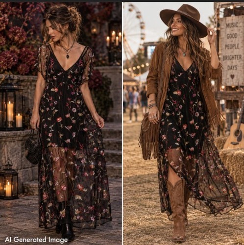 Maxi abito nero ricamato - , a